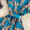 Gentle style stand up collar cinched waist slimming print A-line large swing dress