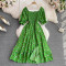 Summer new French gentle style sweet square neck bubble short sleeved waist slimming slit A-line dress