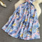 Gentle style stand up collar cinched waist slimming print A-line large swing dress