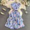 Gentle style stand up collar cinched waist slimming print A-line large swing dress