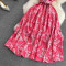 Gentle style stand up collar cinched waist slimming print A-line large swing dress