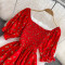 Summer new French gentle style sweet square neck bubble short sleeved waist slimming slit A-line dress
