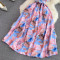 Gentle style stand up collar cinched waist slimming print A-line large swing dress