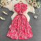 Gentle style stand up collar cinched waist slimming print A-line large swing dress