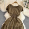 French gentle style pleated collar dress for women in summer, simple solid color, double layered flying sleeve design, Kikyo first love long skirt