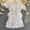 Summer new French gentle style sweet square neck bubble short sleeved waist slimming slit A-line dress