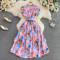 Gentle style stand up collar cinched waist slimming print A-line large swing dress