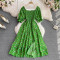 Summer new French gentle style sweet square neck bubble short sleeved waist slimming slit A-line dress