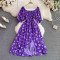 Summer new French gentle style sweet square neck bubble short sleeved waist slimming slit A-line dress
