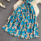 Gentle style stand up collar cinched waist slimming print A-line large swing dress