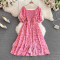 Summer new French gentle style sweet square neck bubble short sleeved waist slimming slit A-line dress