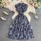 Gentle style stand up collar cinched waist slimming print A-line large swing dress