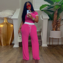 Ribbed contrasting round neck short sleeved pants set, two-piece set