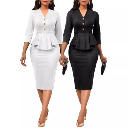 Sexy and fashionable solid color long sleeved white-collar women's dress