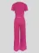 Ribbed contrasting round neck short sleeved pants set, two-piece set