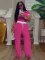 Ribbed contrasting round neck short sleeved pants set, two-piece set
