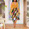 Sexy and fashionable digital print pile collar long sleeved women's clothing