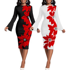 Fashion digital printed long sleeved round neck women's dress