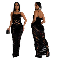 Burnt flower hollowed out suspender dress, sexy socialite party, slim fit long skirt for women