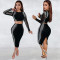 Fashionable women's hot pressed diamond long sleeved two-piece skirt set