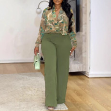 printed V-neck shirt wide leg pants two-piece set