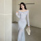 Temperament One Shoulder Mesh Micro Transparent Sexy Dress Ins Pure Desire Wind Spicy Girl Slimming Long Dress Female