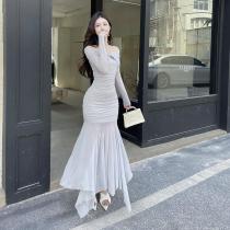 Temperament One Shoulder Mesh Micro Transparent Sexy Dress Ins Pure Desire Wind Spicy Girl Slimming Long Dress Female