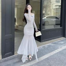 Temperament One Shoulder Mesh Micro Transparent Sexy Dress Ins Pure Desire Wind Spicy Girl Slimming Long Dress Female
