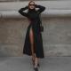 High neck zipper high slit long sleeved dress with elegant and sexy European and American style, slim fit long skirt for women