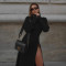 High neck zipper high slit long sleeved dress with elegant and sexy European and American style, slim fit long skirt for women