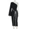 Temperament: One shoulder contrasting color border tied long sleeved dress, women's fashion style, elegant slim fit, hip hugging long skirt