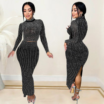 Fashion women's hot pressed diamond long sleeved two-piece set new