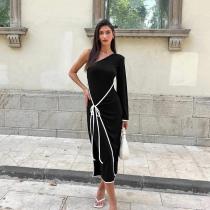 Temperament: One shoulder contrasting color border tied long sleeved dress, women's fashion style, elegant slim fit, hip hugging long skirt
