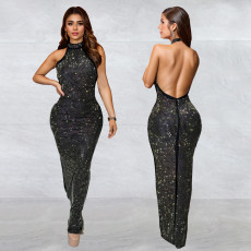 Fashionable women's rhinestone slim fit backless dress