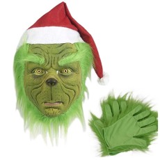 Spot Christmas Grinch costume set, Green Haired Monster full body outfit, Halloween event costume Grinch Mask+Gloves