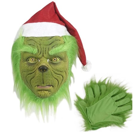 Spot Christmas Grinch costume set, Green Haired Monster full body outfit, Halloween event costume Grinch Mask+Gloves
