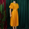 Round neck elegant waist cinching big swing bubble sleeves A-line dress