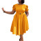 Round neck elegant waist cinching big swing bubble sleeves A-line dress