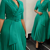 Autumn and winter new women's clothing OL fashion suit collar pleated waist cinched plus size dress