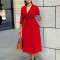 Women's fashion temperament double breasted suit collar solid color dress medium long cross-border dress