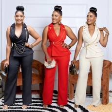 V-neck sexy jumpsuit fashion chain terms casual wide leg pants for women