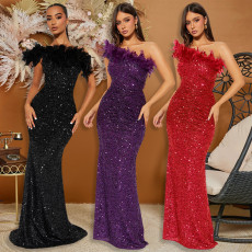New black sequin feather patchwork bead sexy dress, long skirt for women
