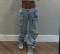New washed distressed patchwork multi pocket pants, trendy straight leg low waist denim pants