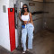 New washed distressed patchwork multi pocket pants, trendy straight leg low waist denim pants