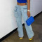 New washed distressed patchwork multi pocket pants, trendy straight leg low waist denim pants