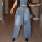 Washed distressed patchwork bow wide leg pants with high waist and slimming design for women