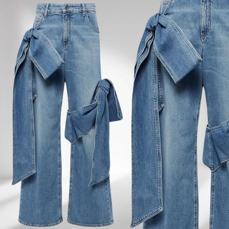Washed distressed patchwork bow wide leg pants with high waist and slimming design for women