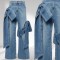 Washed distressed patchwork bow wide leg pants with high waist and slimming design for women