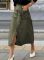 Women's suede inspired mid length skirt with autumn and winter elastic waist pocket, A-line long work skirt with slit 3 COLORS