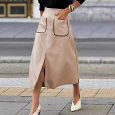 Women's suede inspired mid length skirt with autumn and winter elastic waist pocket, A-line long work skirt with slit 3 COLORS